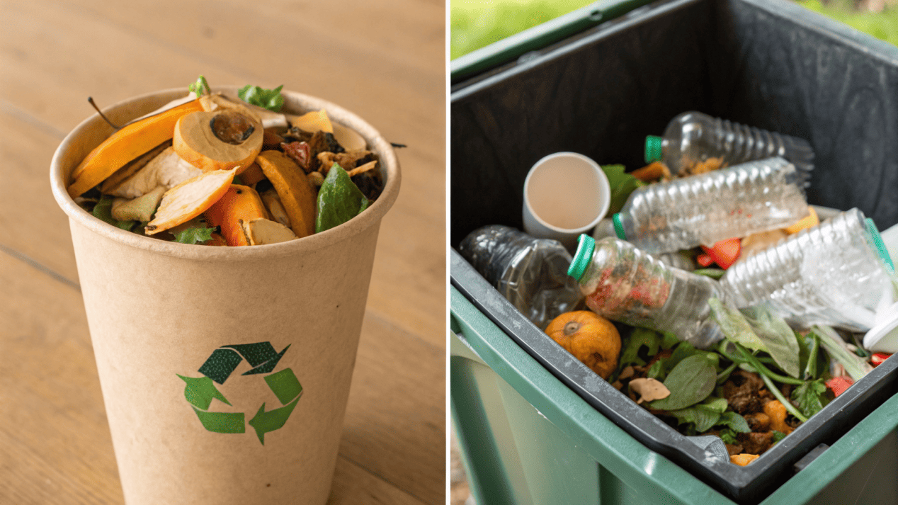 Correct and Incorrect Disposal of BPI Products A split image showing a BPI cup in a compost bin with food scraps vs. in a recycling bin as a contaminant