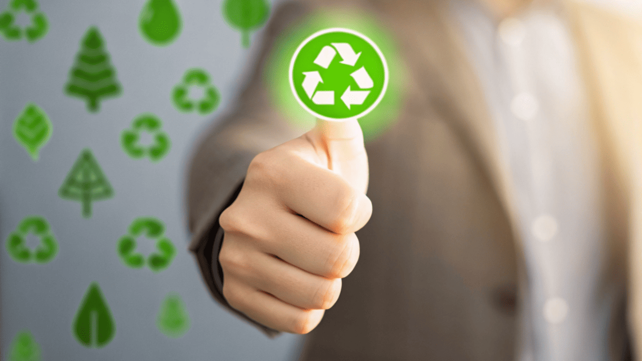 Trusting the BPI Logo Over Greenwashing A hand confidently pointing to a BPI logo, choosing it over other vague eco-labels