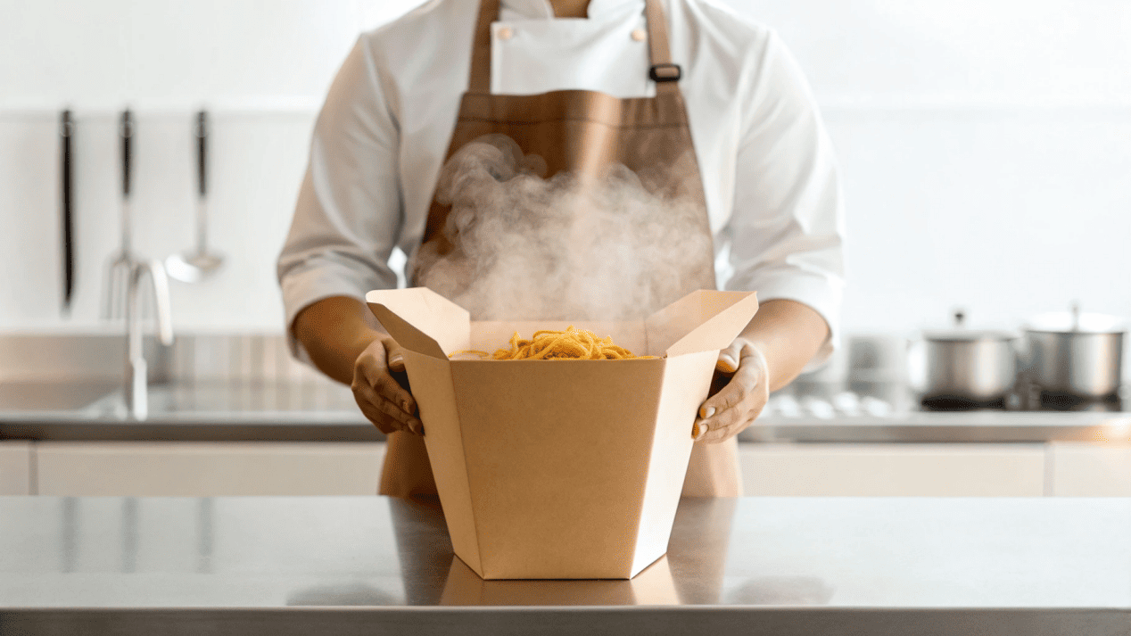 A chef plating a hot noodle dish into a sturdy, branded paper takeaway bowl