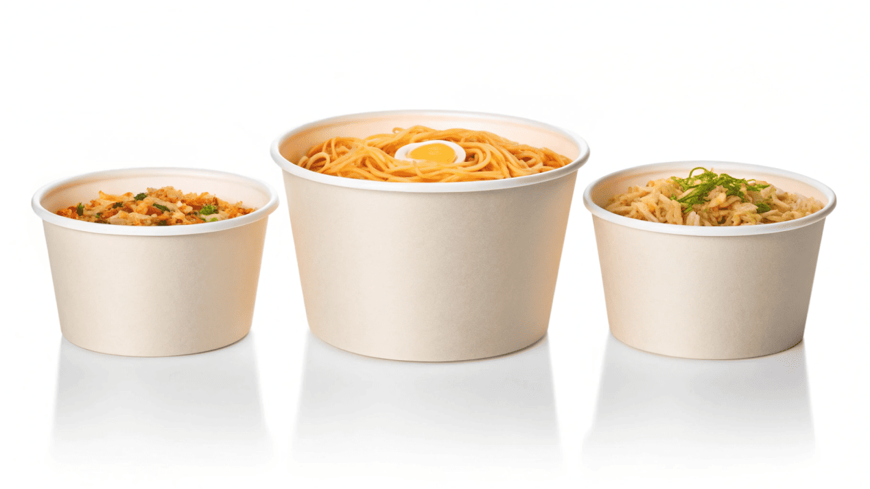 Three different sizes of noodle bowls, labeled for Pad Thai, Ramen, and Family Portions