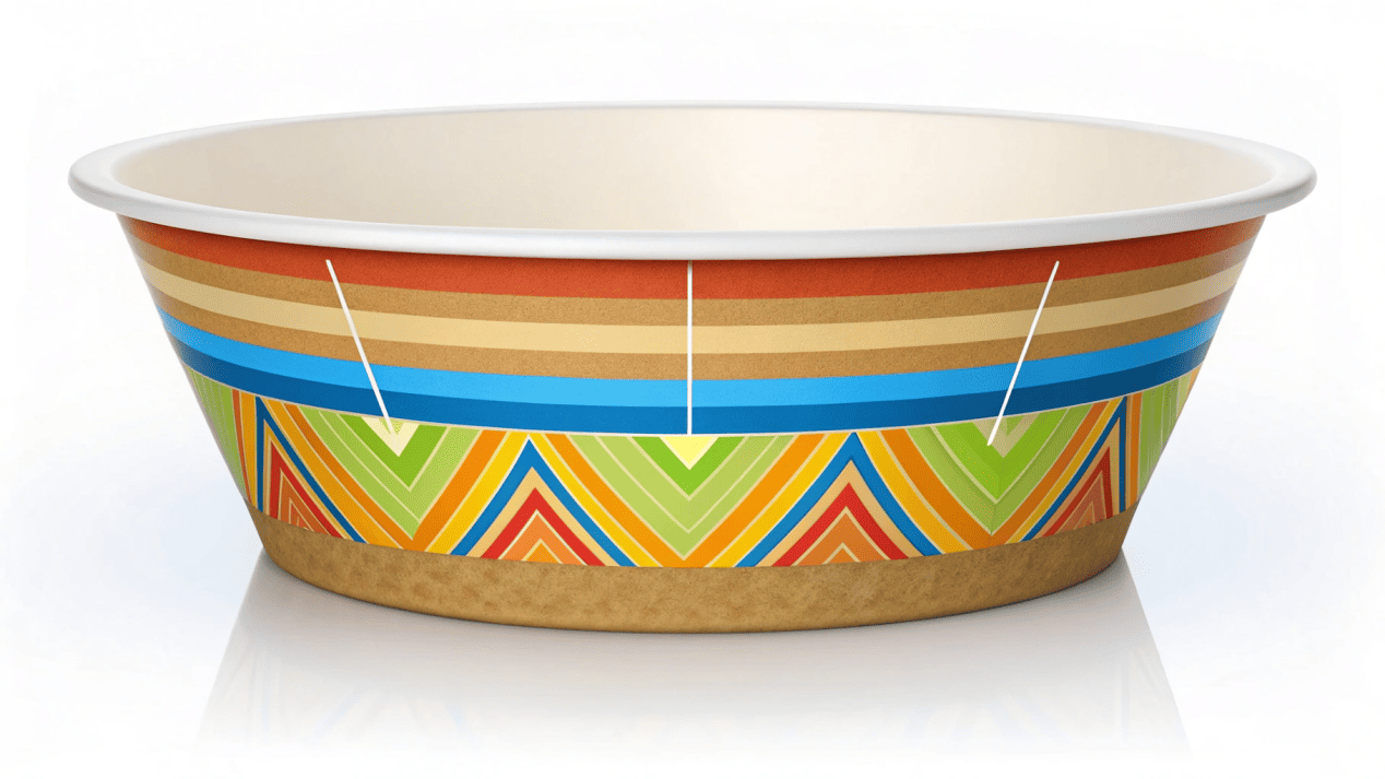 A cutaway view of a paper bowl showing the paperboard layer and the inner waterproof lining