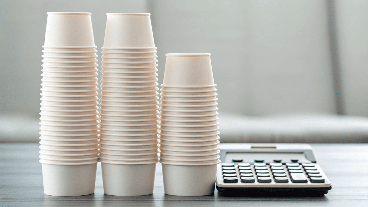 Balancing Cost and Quality in Packaging A calculator resting next to stacks of paper cups, symbolizing a smart cost analysis.