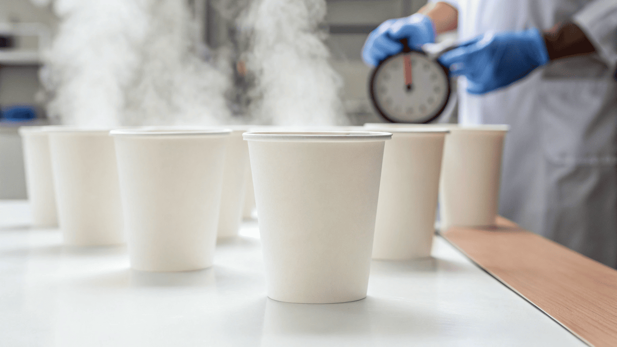 A paper cup being tested for leaks with hot water