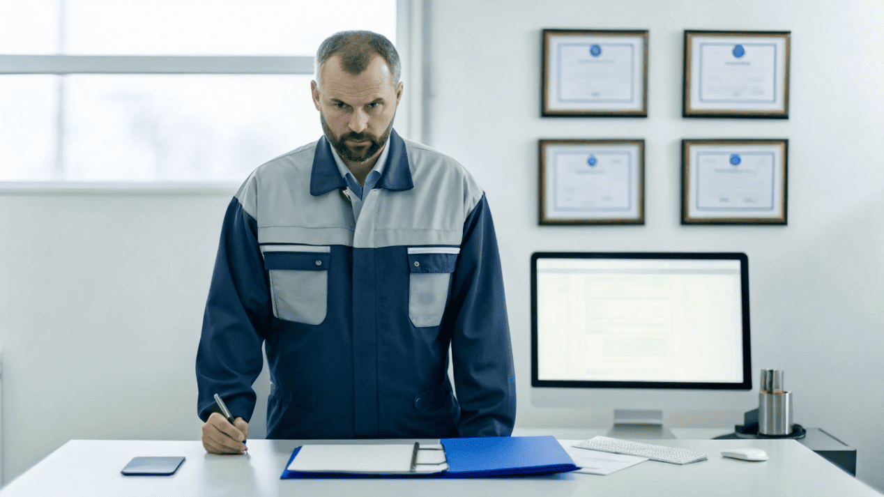 A quality inspector reviewing FDA and EU certification documents