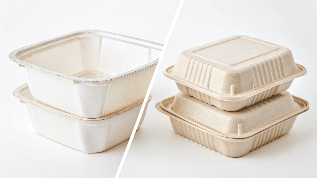 A side-by-side comparison of traditional plastic packaging and modern, sustainable bagasse packaging