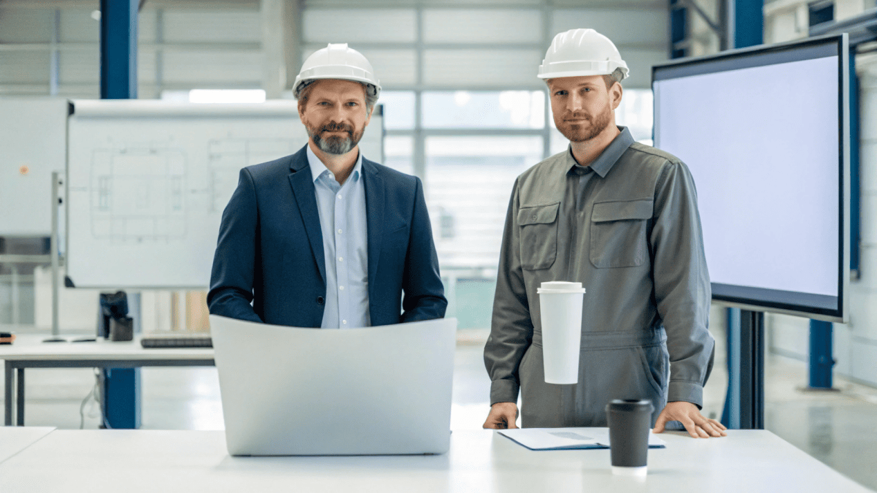 Supplier Collaboration in Cup Innovation A brand manager and an engineer looking at 3D models and physical prototypes of a new cup together.