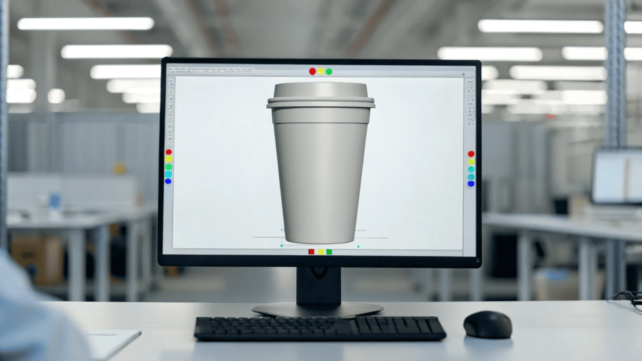 Collaborative Design Feedback for Cups An engineer's computer screen showing a 3D CAD model of a cup with callouts for potential design improvements.