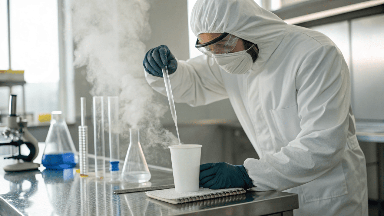 Joint Material Trials for Eco-Friendly Cups A lab technician conducting a hot liquid test on a paper cup made from a new, sustainable material.