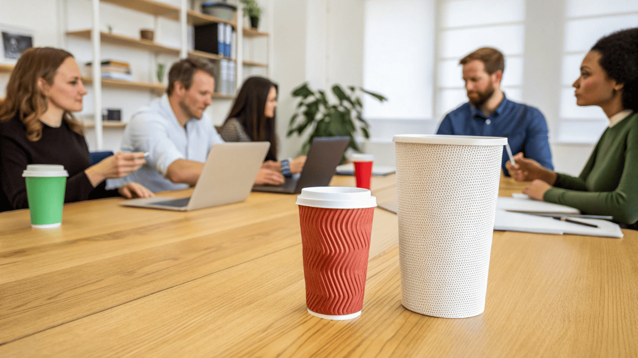 Unified Branding Strategy for New Cup Sizes A marketing team gathered around a table, comparing a new small cup prototype with existing larger cups from their brand.