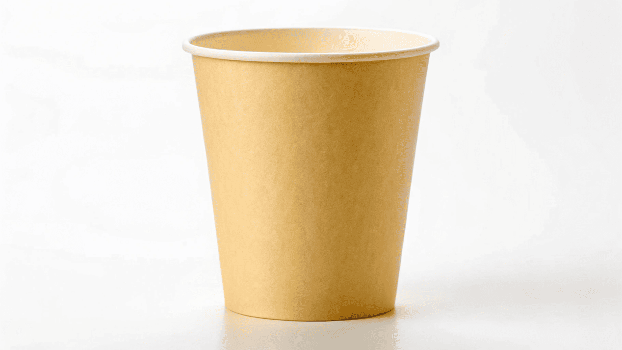 A cutaway diagram of a bio paper cup showing the plant-based PLA coating inside