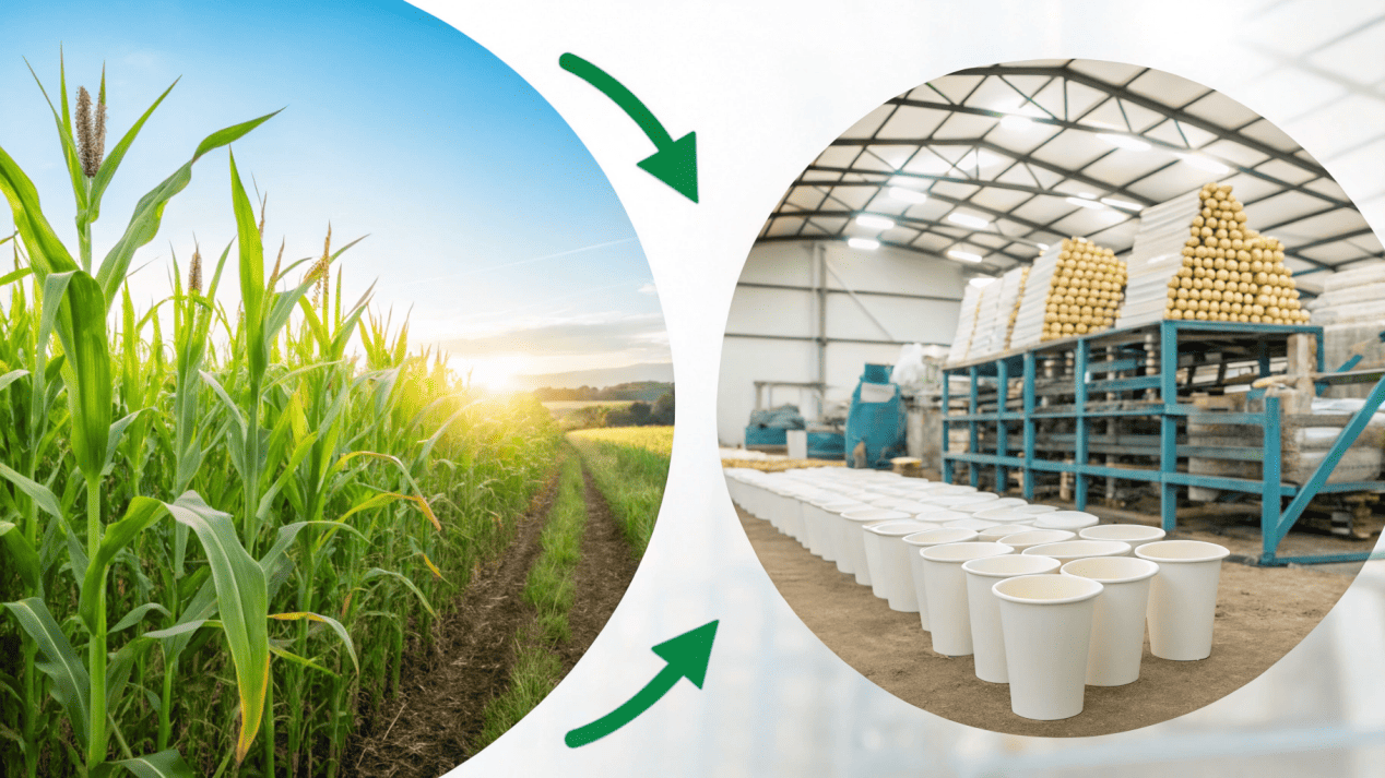 A visual representation of the supply chain from cornfield to PLA factory to cup manufacturer