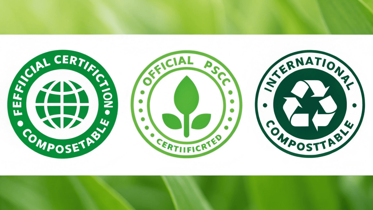 A collage of official certification logos including BPI, FSC, and a compostable symbol