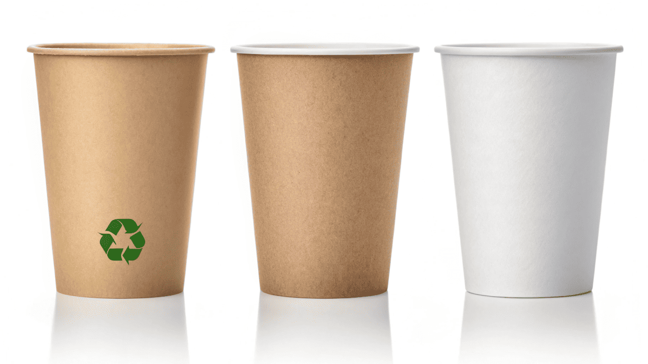 Three paper cups in a row with recycling, composting, and landfill symbols underneath them.