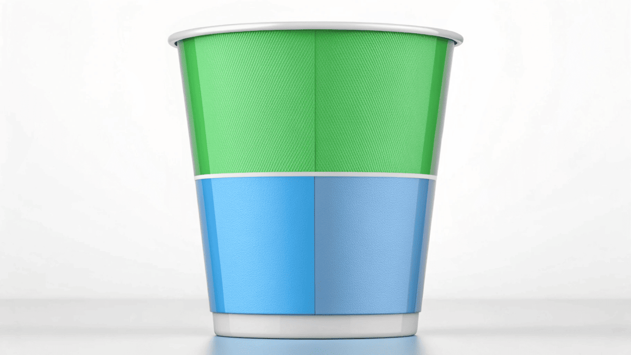 A cutaway view of a paper cup showing the different inner lining materials like PE, PLA, and Aqueous coating.