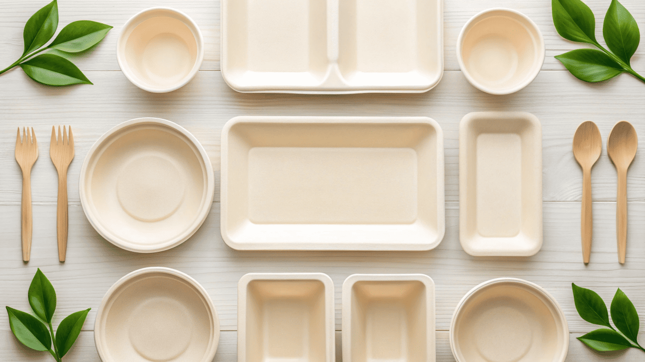 A collection of sturdy and stylish compostable sugarcane bagasse bowls and trays