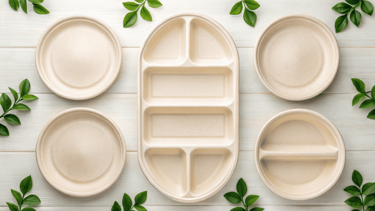 A display showing different shapes of compostable packaging, including round bowls, compartment trays, and boat trays