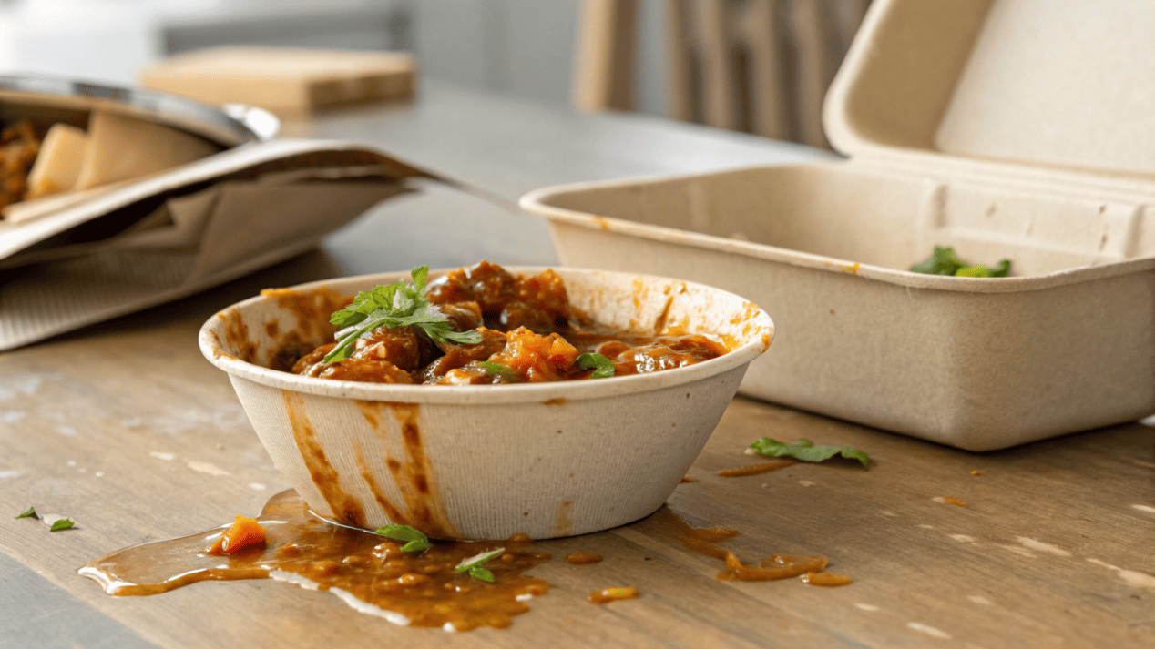 A close-up of a sugarcane bagasse bowl holding a saucy pasta dish, showing its strength