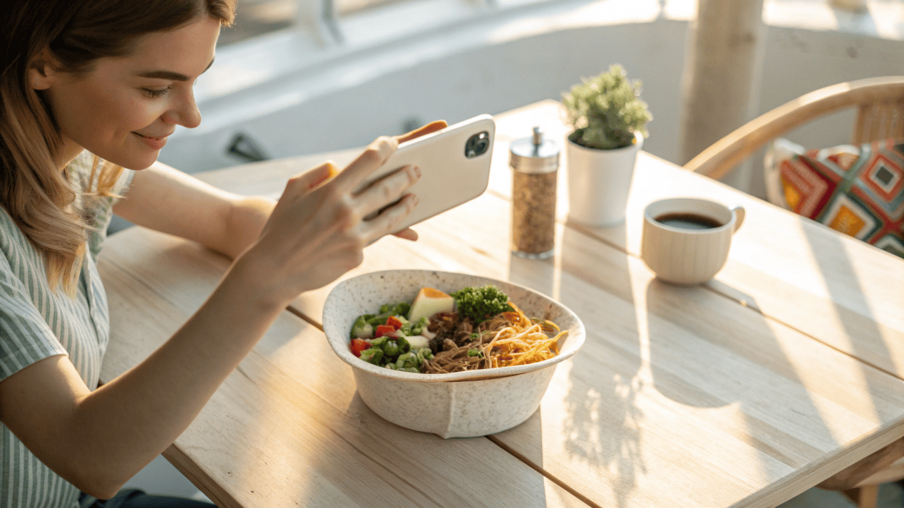 A customer taking a photo of their meal in an attractive compostable bowl for social media