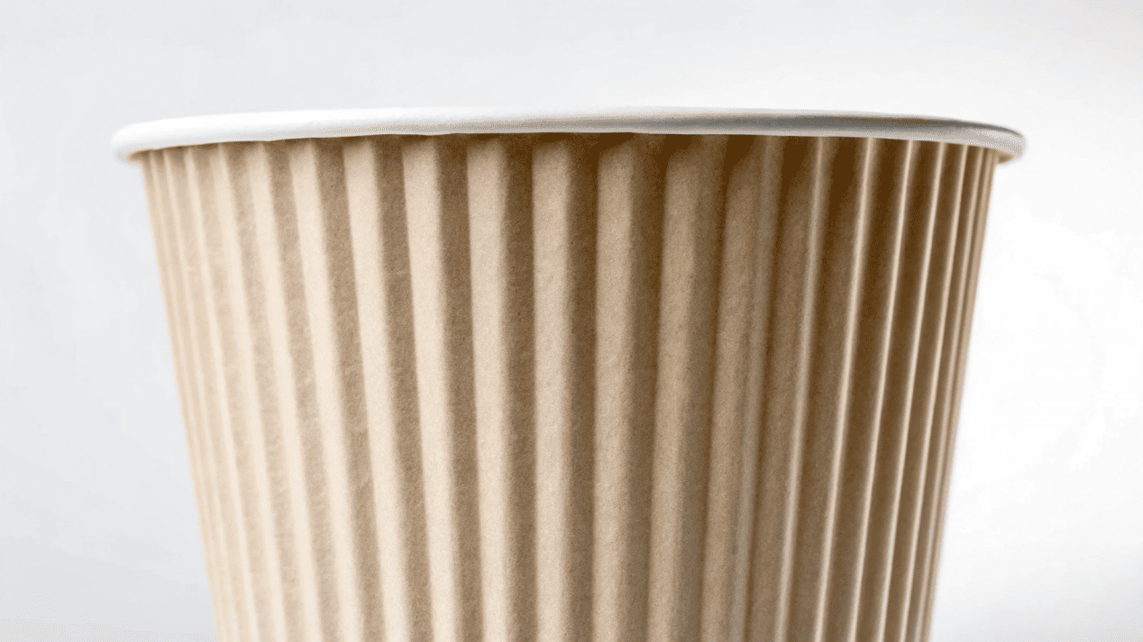A close-up cross-section of a paper cup showing the thin water-based coating layer bonded with paper fibers.