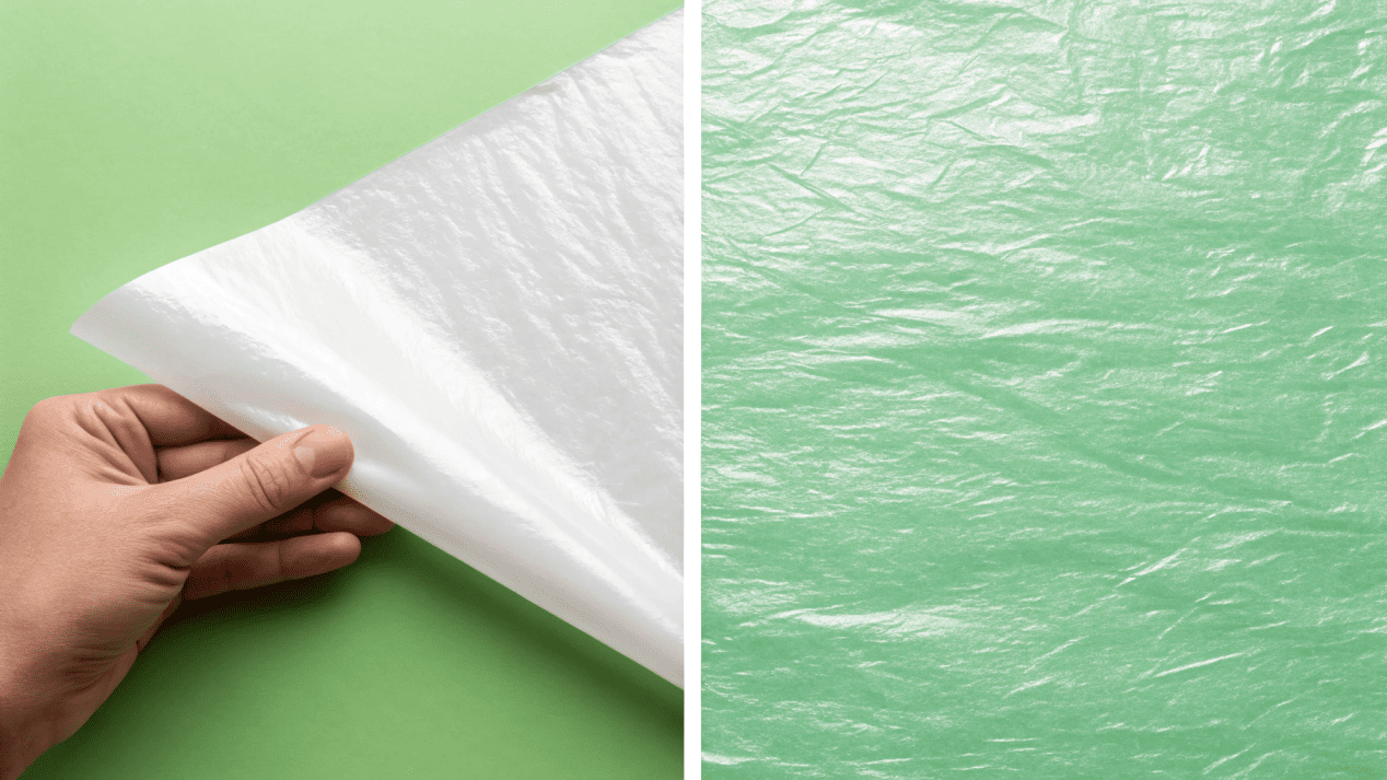 A visual comparison showing a PE film peeling off paper versus a water-based coating integrated into the paper's surface.