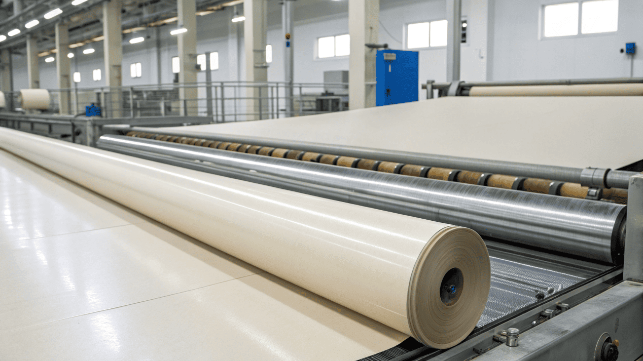 A manufacturing line showing paperboard passing through rollers and a drying tunnel for water-based coating.