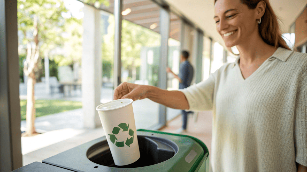A customer smiling as they put a water-based coated cup into a standard paper recycling bin.