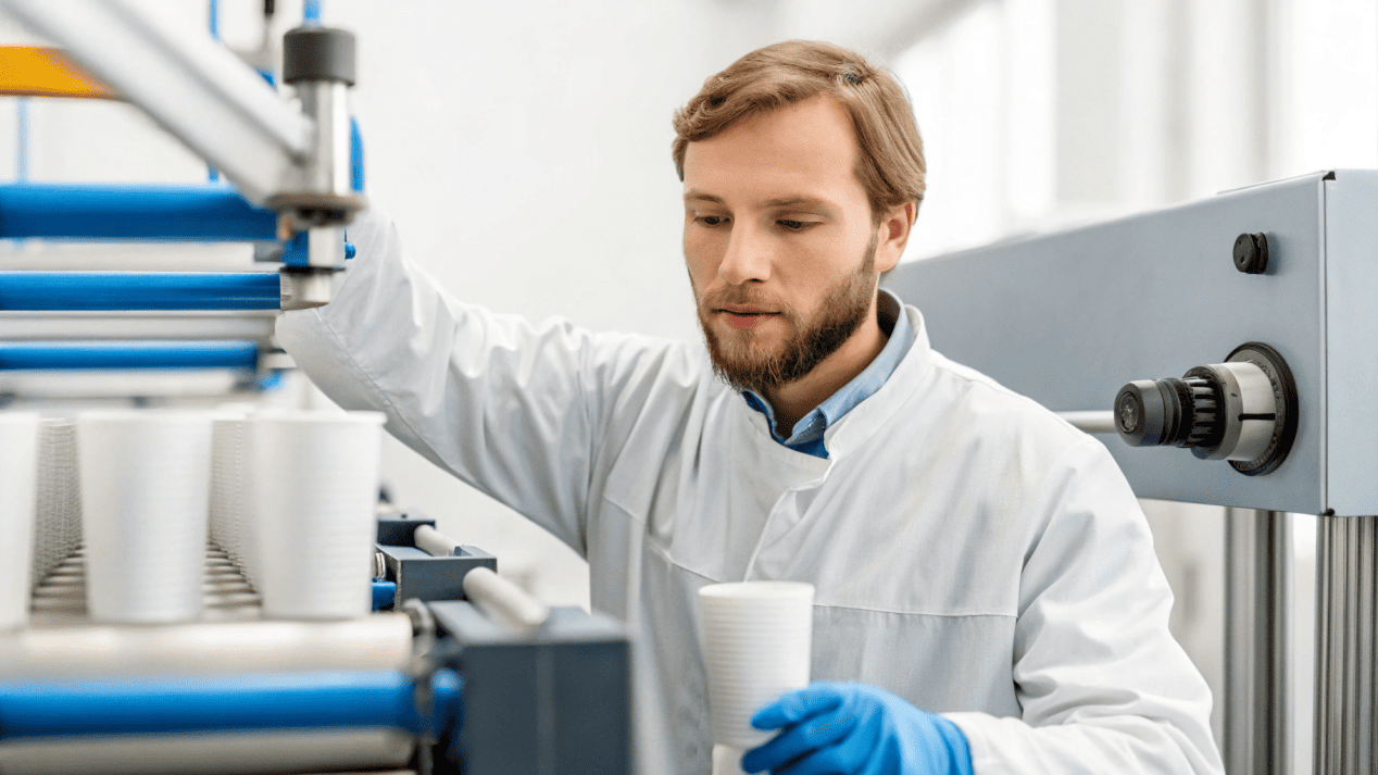 A technician carefully adjusting a cup-forming machine, highlighting the need for precision.