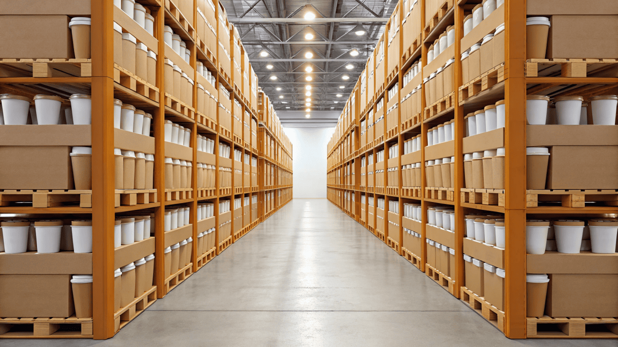 Strategic Coffee Cup Procurement for Chains A warehouse aisle filled with boxes of paper coffee cups.