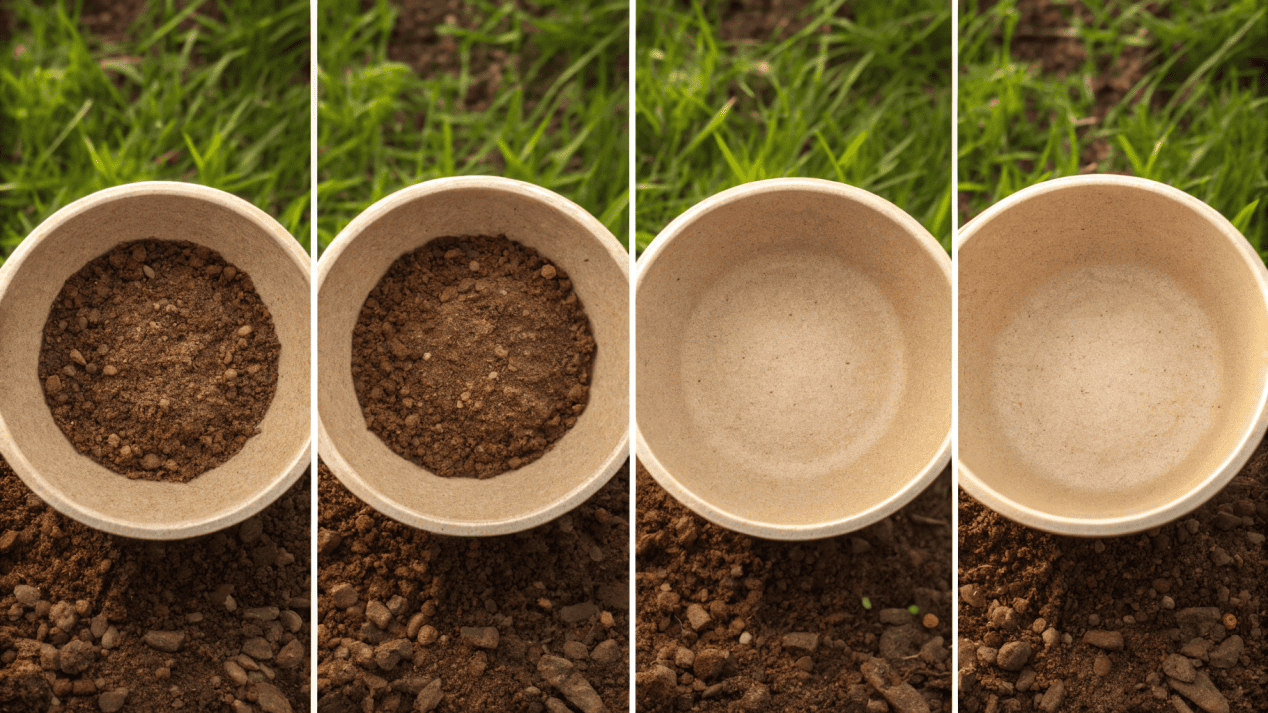 A compostable bowl breaking down into natural soil over time
