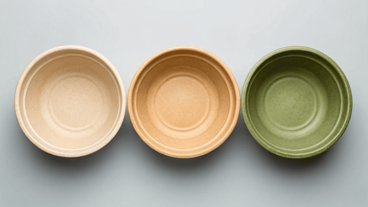 A side-by-side comparison of bowls made from Bagasse, Bamboo, and PLA-lined paper