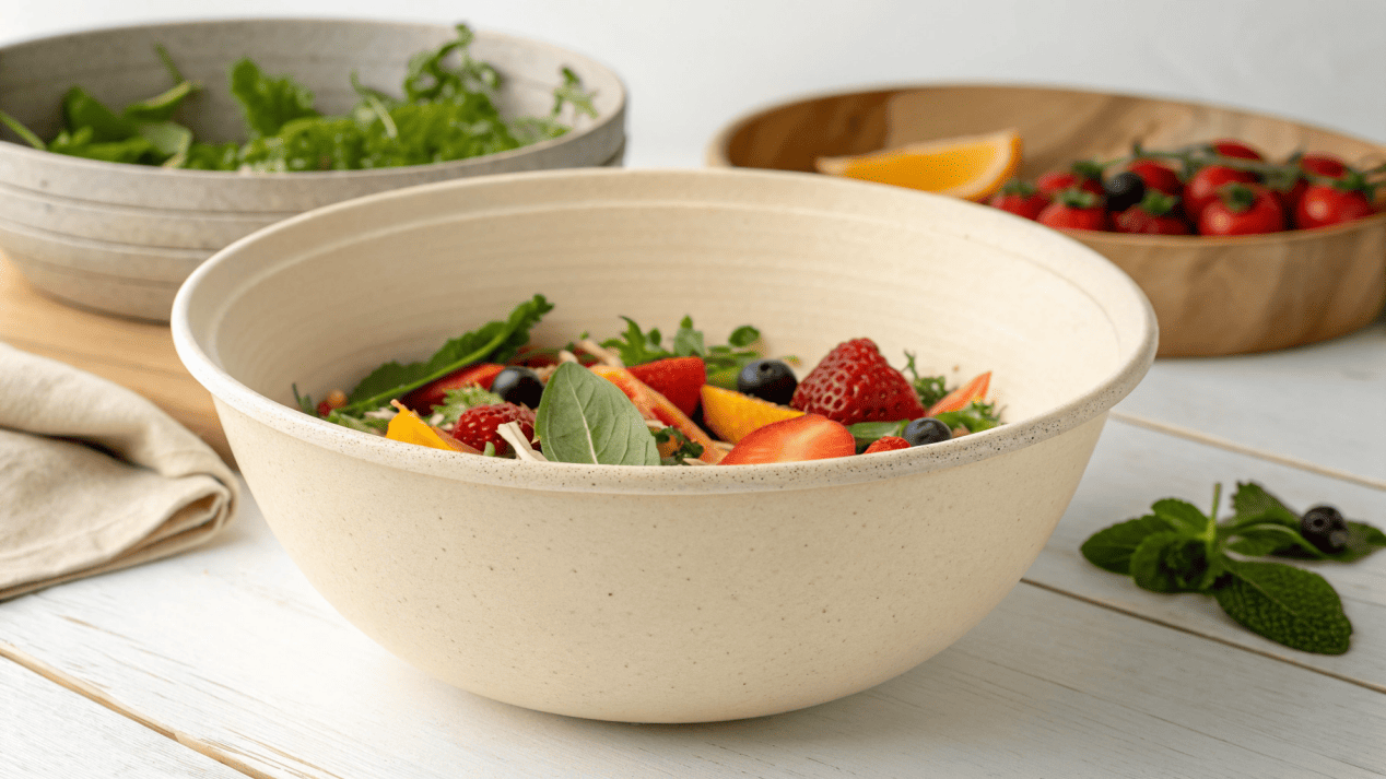 A comparison of a full-color printed PLA bowl and an embossed bagasse bowl