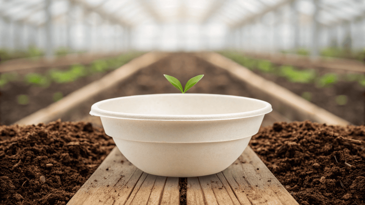 A compostable paper bowl breaking down into rich soil over time.