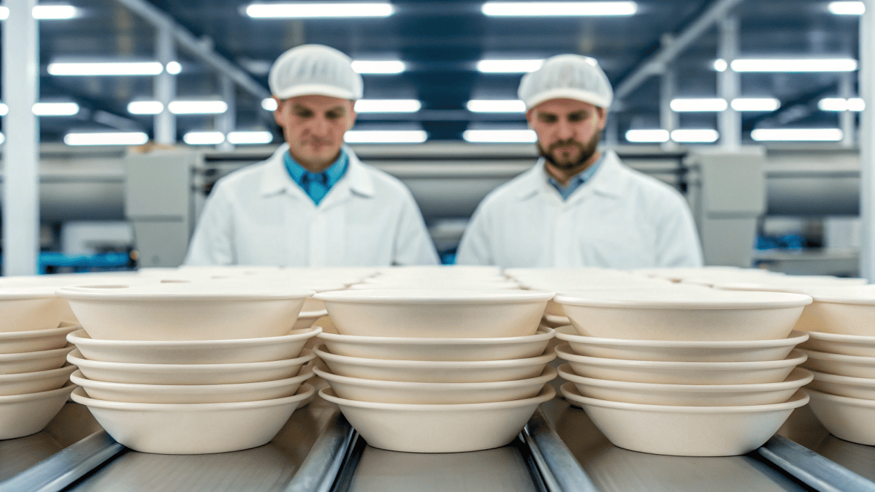 A factory floor showing quality control checks and manufacturing processes for paper bowls