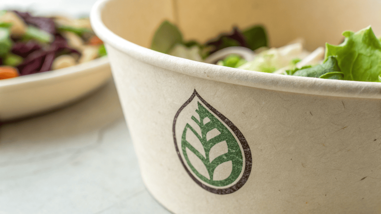 A close-up of a paper bowl showing the BPI Certified Compostable logo.
