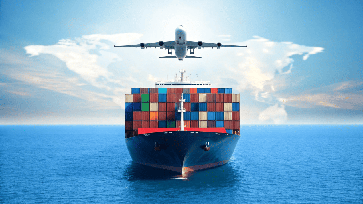 A cargo ship and airplane illustrating global export and shipping solutions for wholesale goods