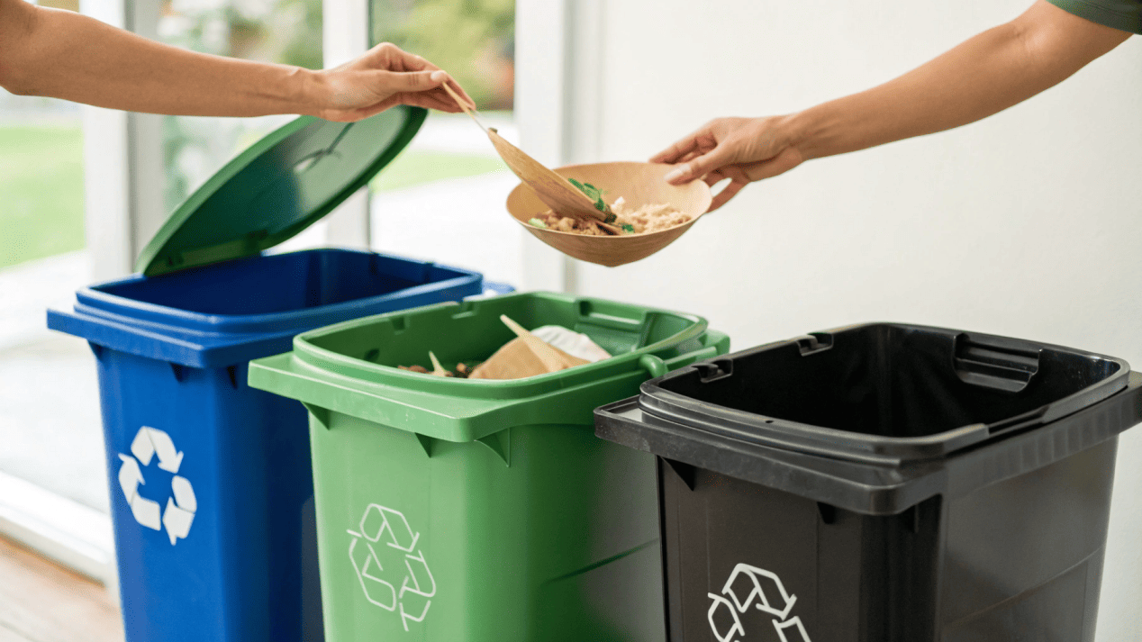 Clear signage showing a compostable bowl being put into a green organics bin, not recycling or trash.