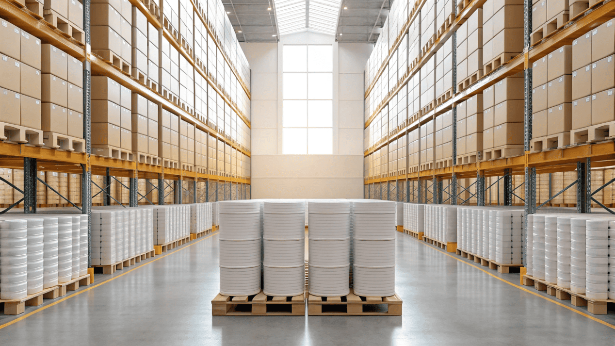 Cup Logistics for Large Events Pallets of stacked paper cups in a warehouse, ready for a large event.