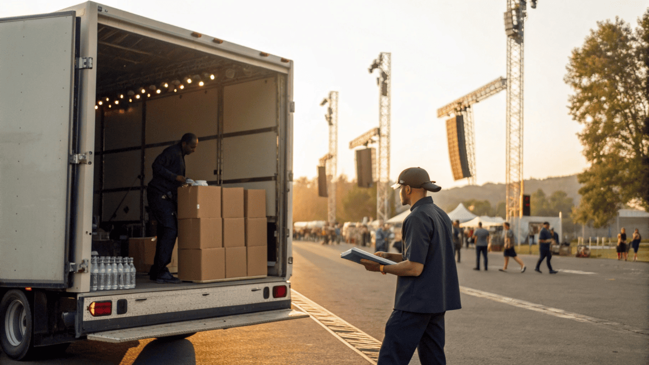 Supplier Scheduling and Delivery for Events A delivery truck being unloaded at an event site with a manager checking a clipboard.