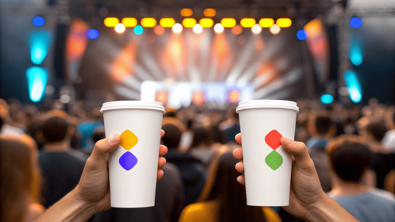 Branding Impact of Custom Cups A group of people at a concert, all holding custom-branded cups with the event's logo.