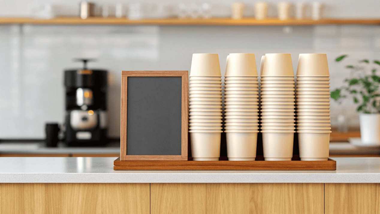 A tidy coffee shop counter with a sign promoting reusable cups next to a stack of eco-friendly disposable cups.