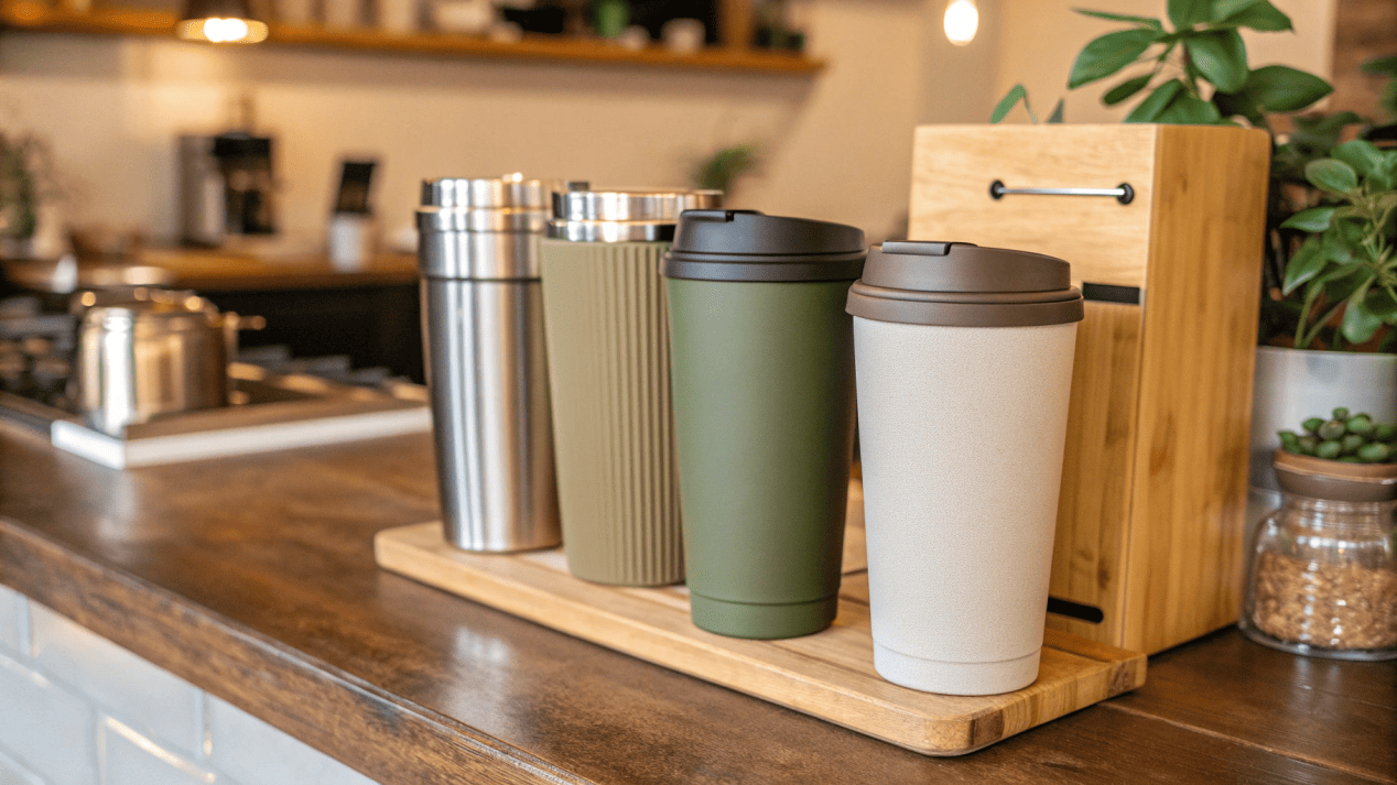 A coffee shop selling its own branded reusable cups alongside a display explaining its deposit-return system.