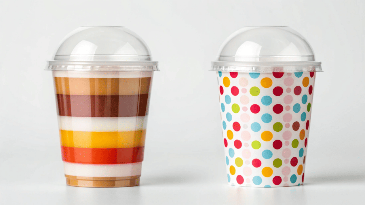 A side-by-side comparison of a PLA dessert cup and a printed paperboard dessert cup