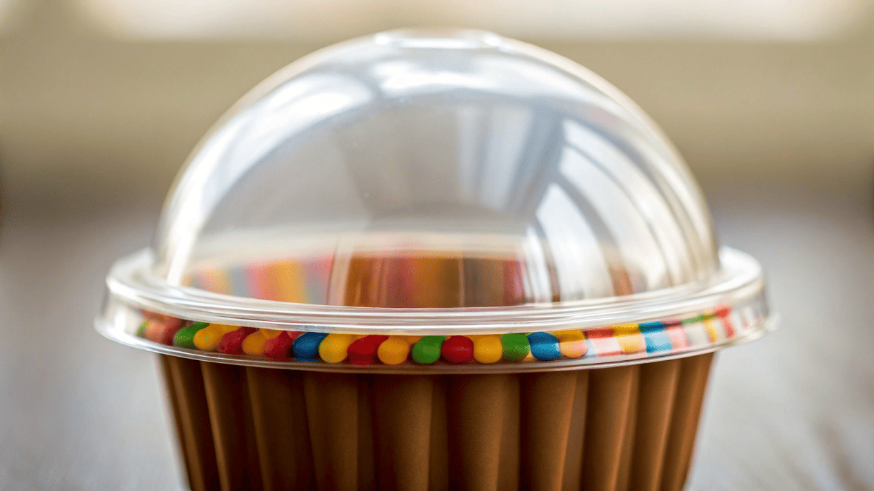 A close-up of a dome lid snapping securely onto a dessert cup, creating a tight seal