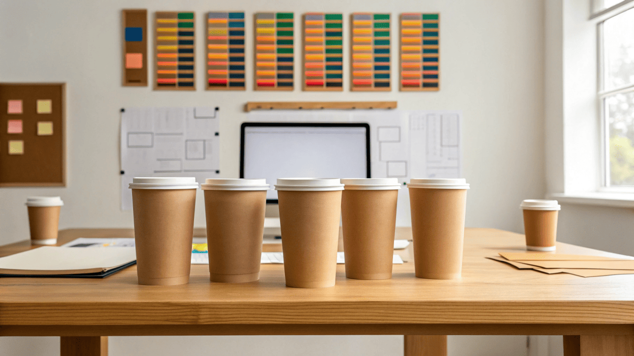 A designer looking at cup design templates and color swatches.