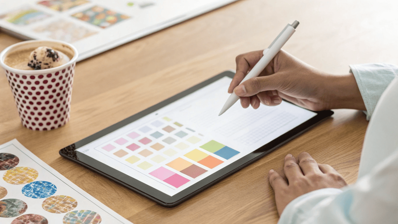 A person's hand signing off on a digital proof of a custom ice cream cup on a tablet.