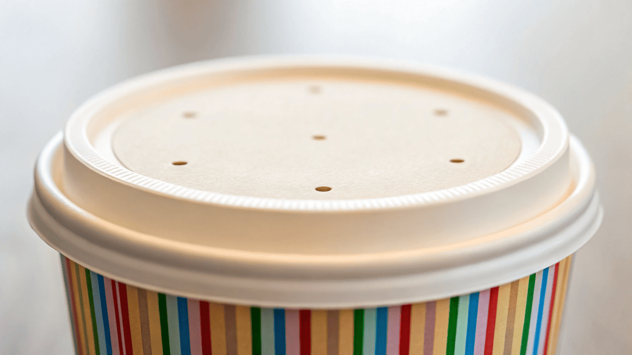 A close-up shot of a vented paper lid fitting securely on a custom soup cup