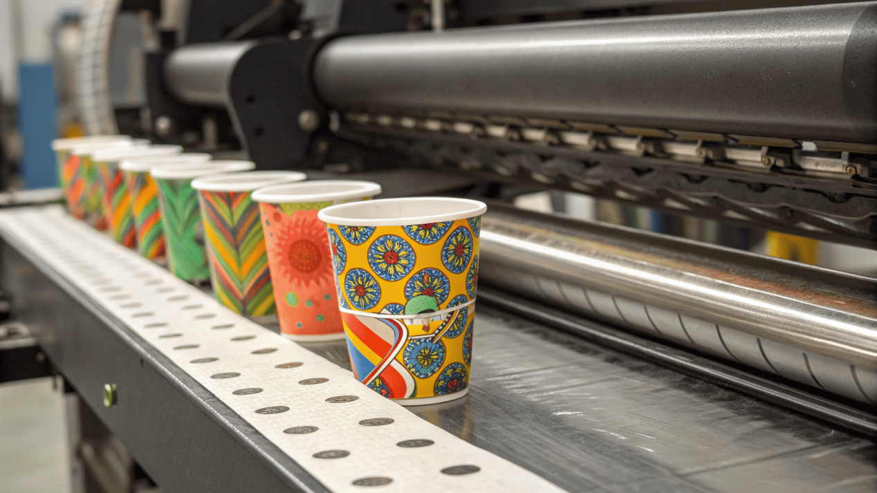 A close-up of a Heidelberg offset printing machine applying a vibrant design to a paper cup