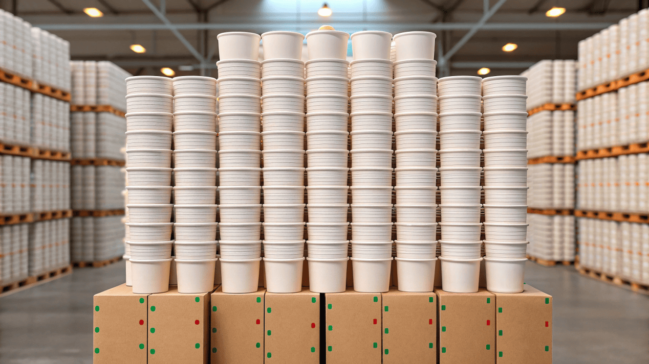 Cartons of custom cups stacked, representing a factory's Minimum Order Quantity
