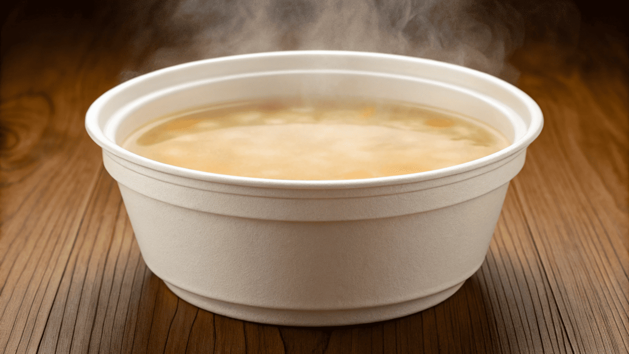 A steaming bowl of hot soup served in a sturdy, high-quality disposable bowl.