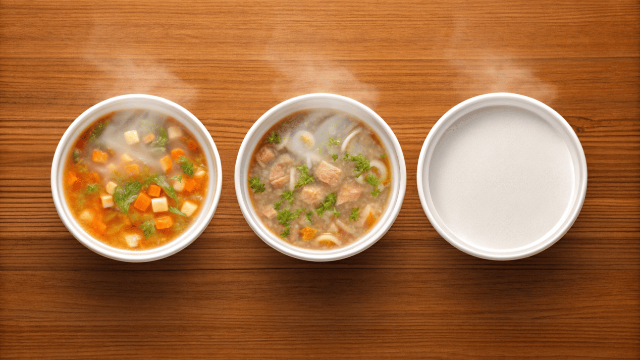 A display of various safe soup bowl materials: sugarcane, PP plastic, and PLA-lined paper.